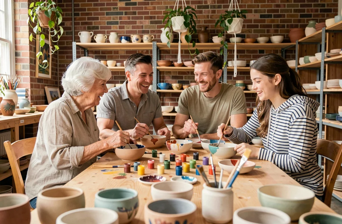 Famille multigénérationnelle participant à un atelier de poterie dans un studio artisanal chaleureux