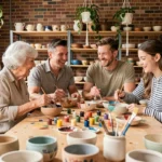 Famille multigénérationnelle participant à un atelier de poterie dans un studio artisanal chaleureux