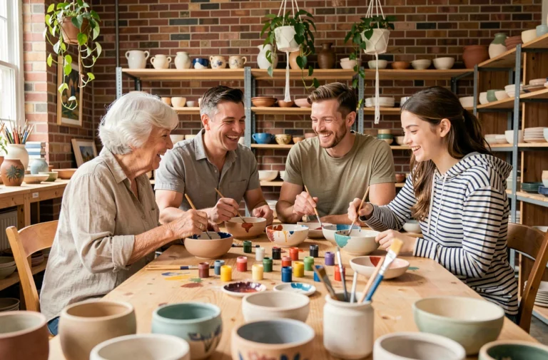 Famille multigénérationnelle participant à un atelier de poterie dans un studio artisanal chaleureux