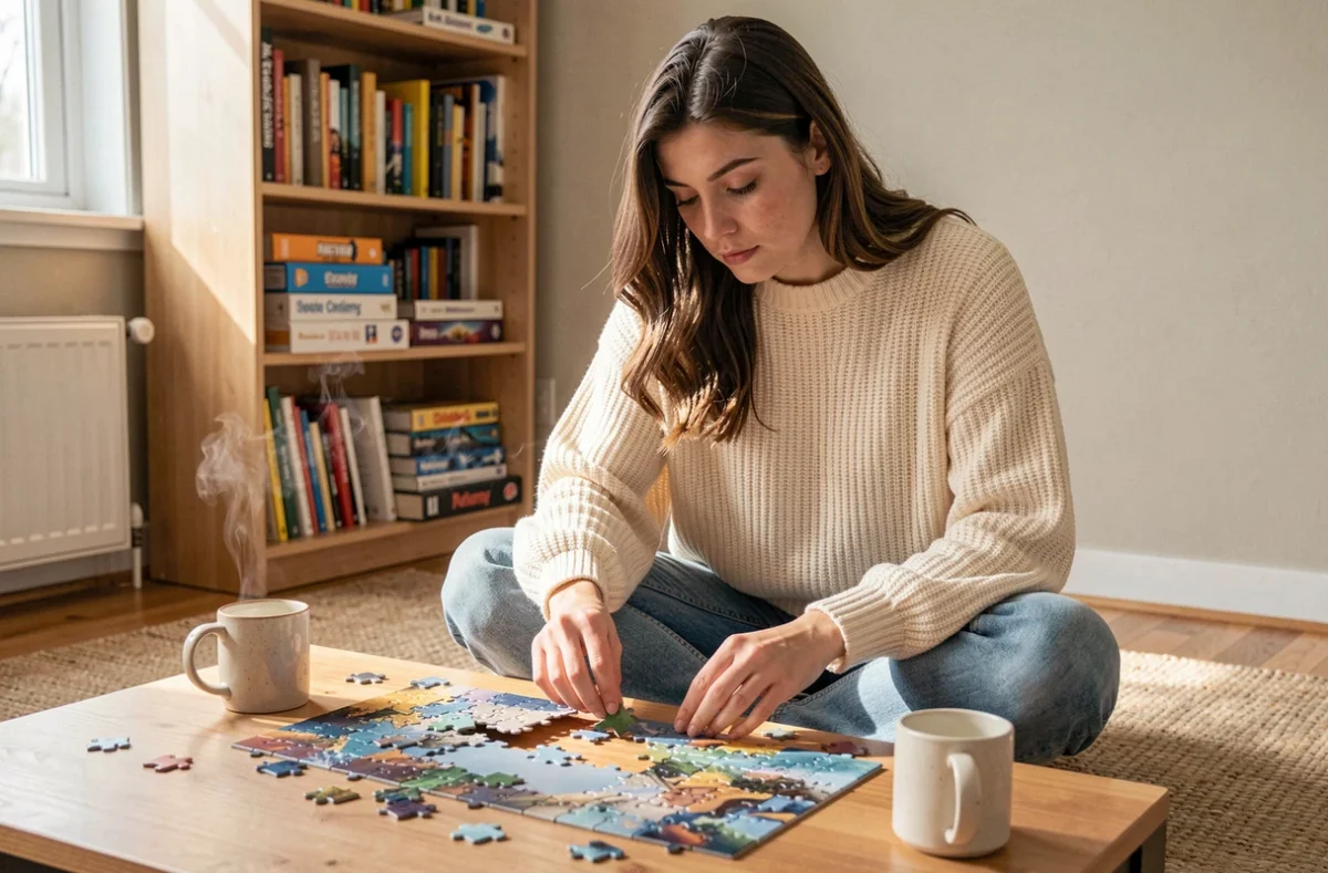 Jeune femme concentrée sur un puzzle dans un salon cosy décoré de jeux de société