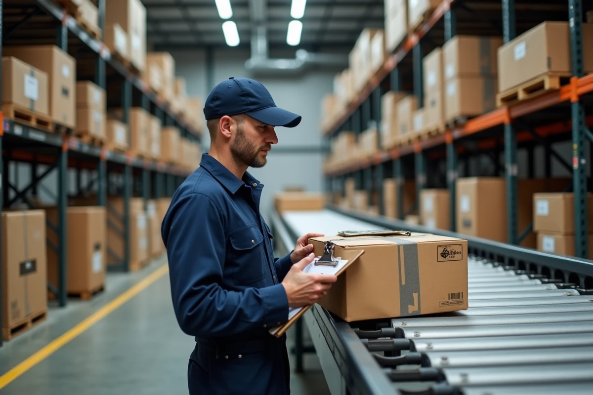 Agent logistique inspectant un colis endommagé dans un entrepôt de tri postal industriel