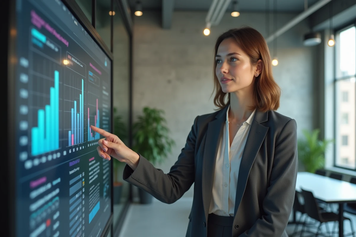 Femme d'affaires analysant des graphiques de portefeuille d'investissement sur un écran tactile dans un espace de travail moderne