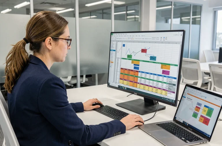 Femme analyste utilisant Power Pivot et tableaux croisés dynamiques Excel sur un poste de travail professionnel