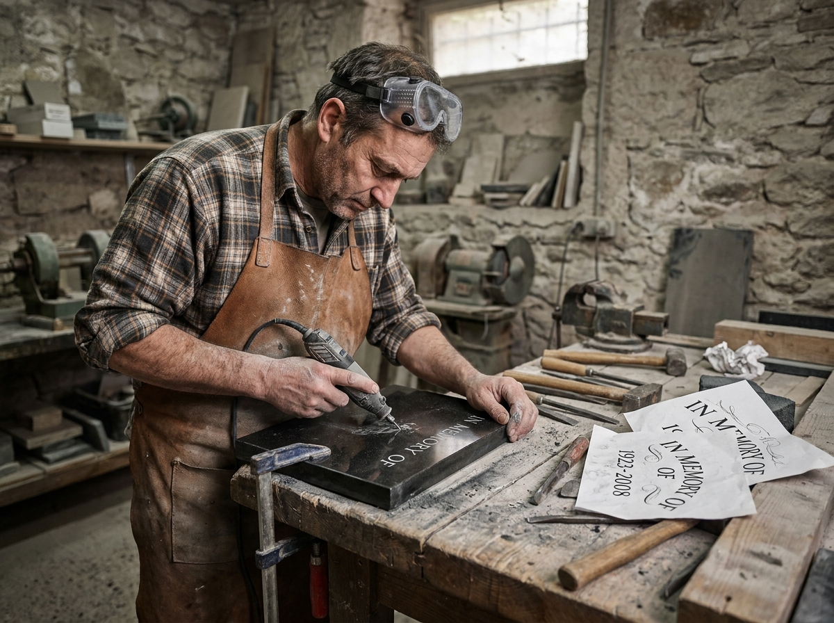Artisan graveur travaillant sur une plaque funéraire en marbre noir dans un atelier artisanal
