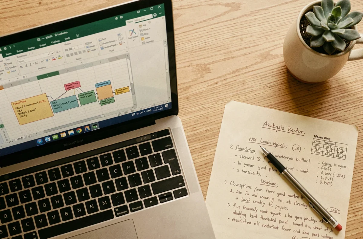 Vue de dessus d'un bureau avec un ordinateur portable affichant un modèle Power Pivot et un rapport de tableau croisé dynamique imprimé