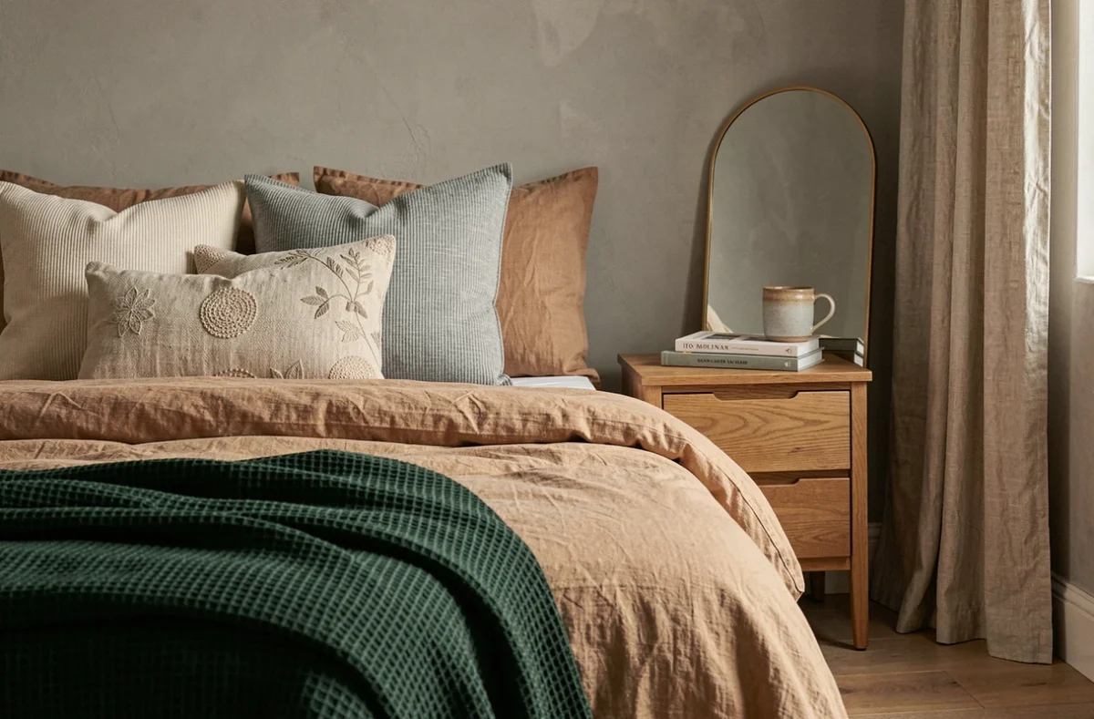 Chambre cocooning avec linge de lit en lin, plaid vert sauge en gaufre et table de chevet en chêne, tendances déco intérieur chambre