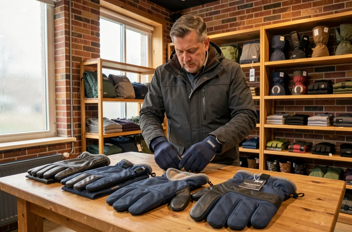 Homme comparant plusieurs modèles de gants d'hiver dans un magasin d'équipement outdoor