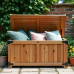 Coffre de jardin en bois teck posé sur une terrasse en pierre avec outils et coussins rangés à l'intérieur