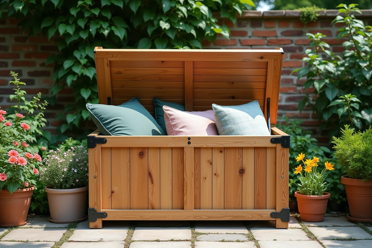 Coffre de jardin en bois teck posé sur une terrasse en pierre avec outils et coussins rangés à l'intérieur