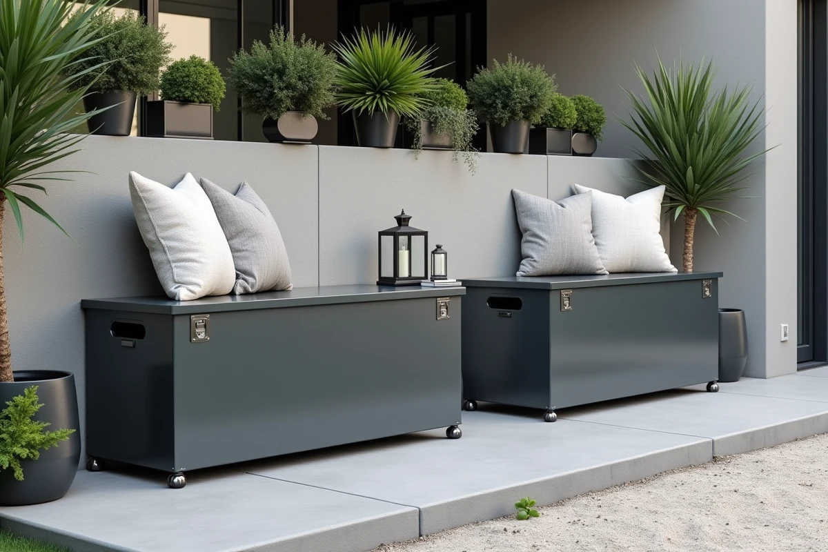 Deux coffres de jardin en métal galvanisé utilisés comme bancs d'extérieur avec coussins et décoration végétale