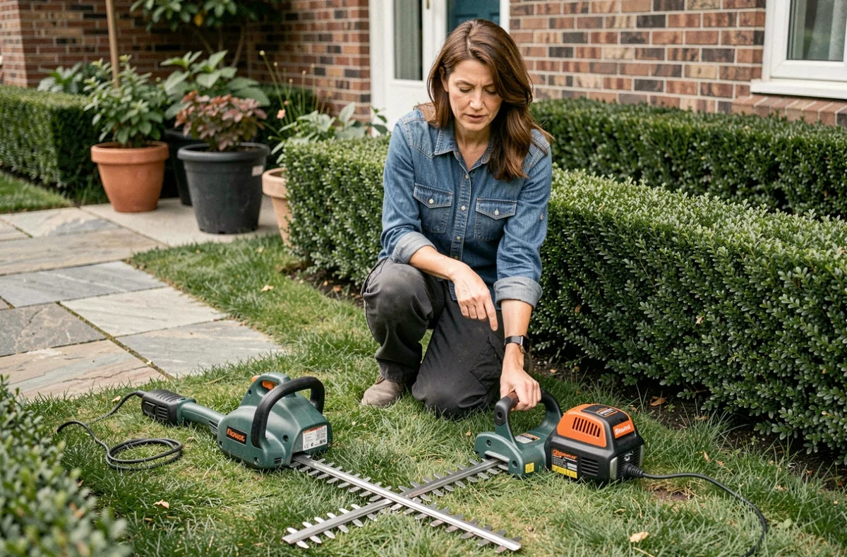 Femme comparant deux modèles de taille-haie dans un jardin, un électrique filaire et un sans fil à batterie