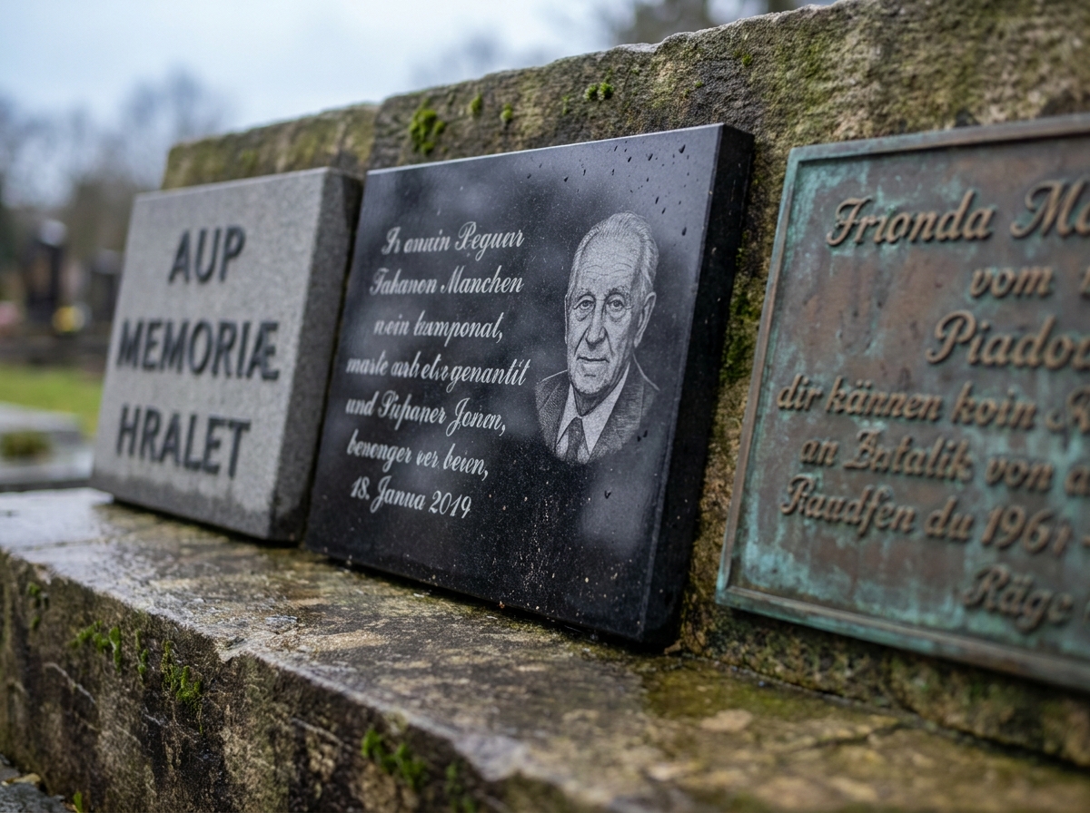 Gros plan comparatif de trois plaques funéraires aux matériaux et gravures différents sur un muret de cimetière