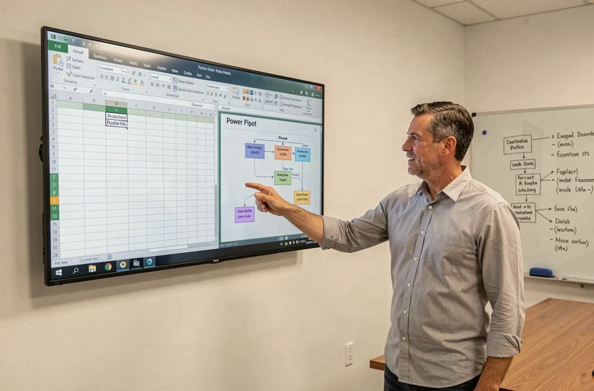 Professionnel expliquant les différences entre Power Pivot et tableau croisé dynamique sur un écran mural en salle de formation