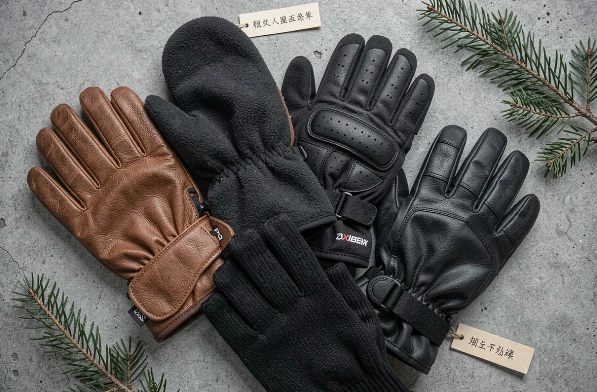 Sélection de différents types de gants d'hiver disposés à plat sur béton gris pour comparaison