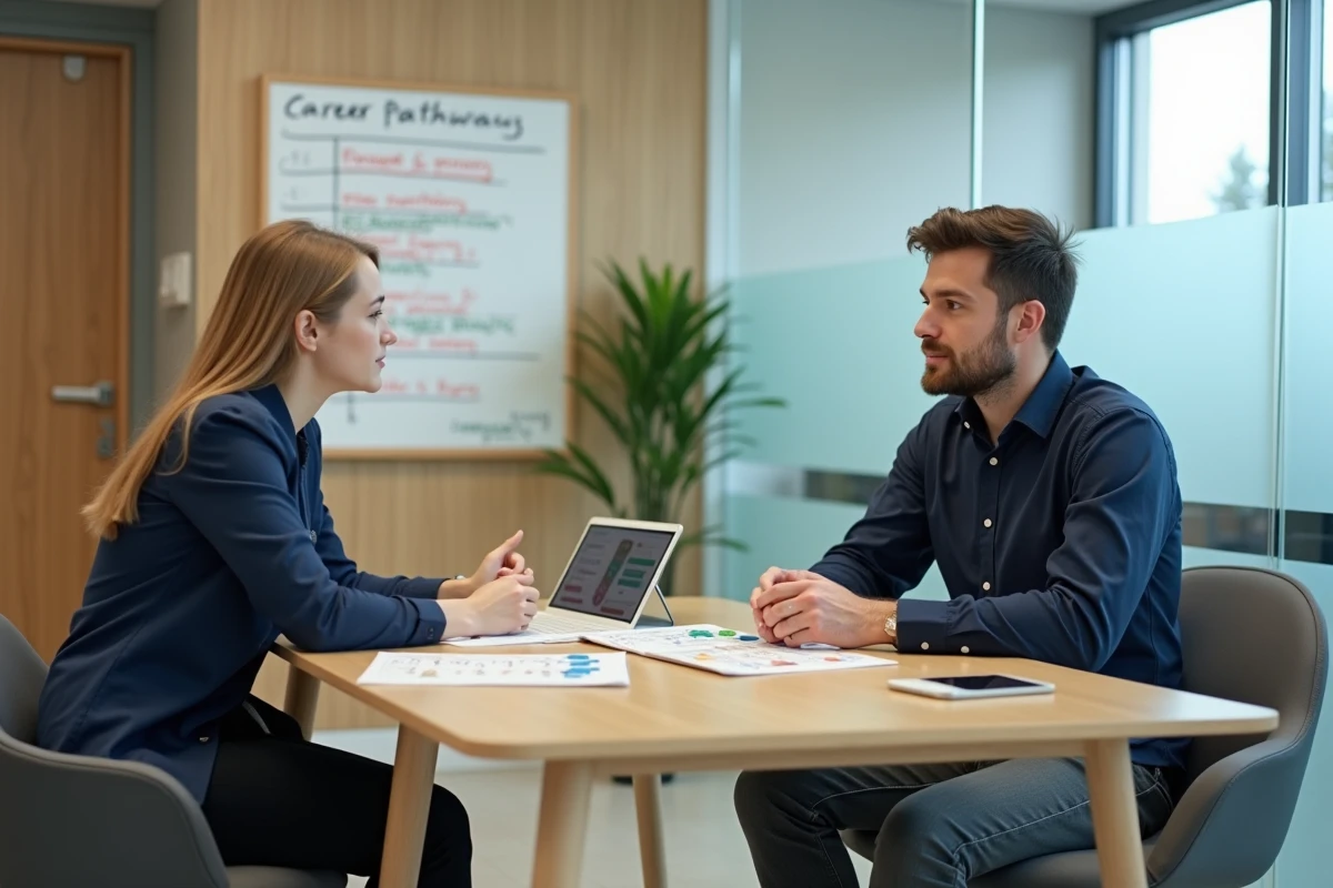 Conseiller d'orientation accompagnant un étudiant dans le choix de sa voie professionnelle