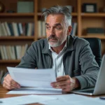 Homme consultant des documents pour contester un excès de vitesse par jumelles sans interception