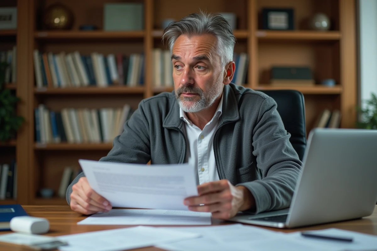 Homme consultant des documents pour contester un excès de vitesse par jumelles sans interception