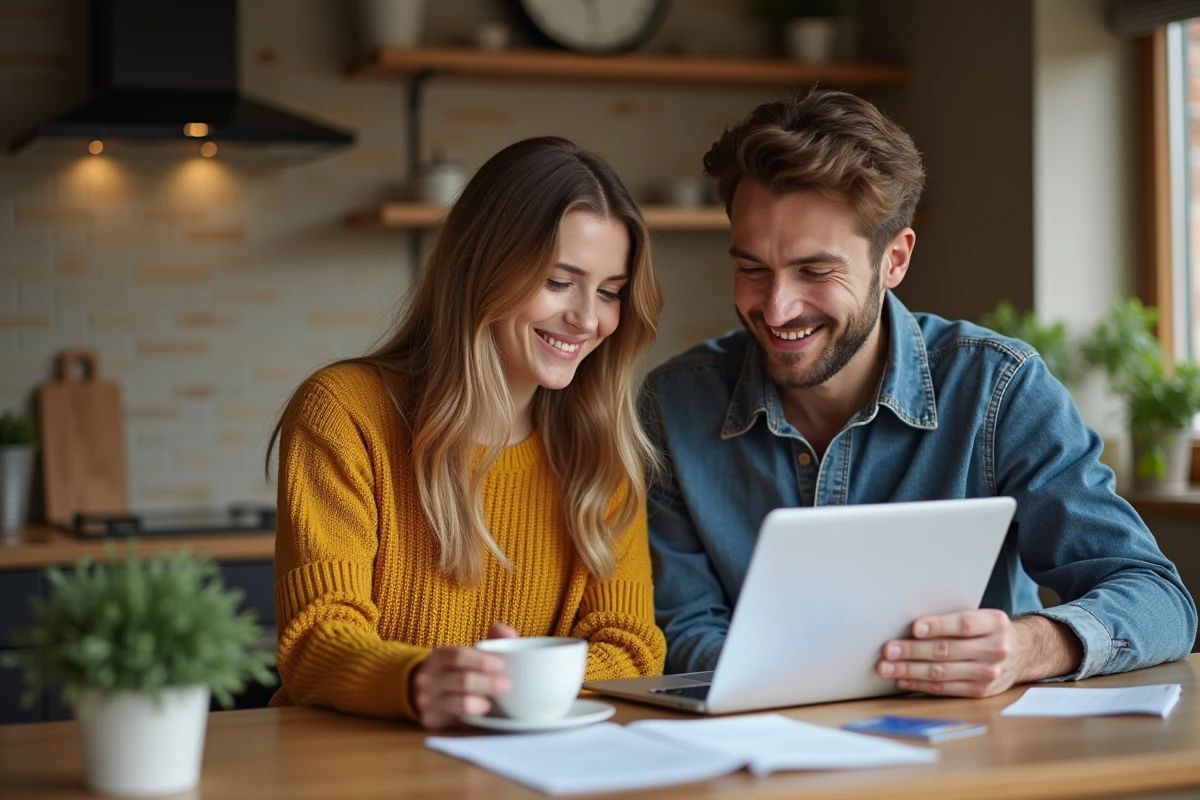 Couple gérant leurs finances à domicile avec la carte MCD AS Dual du Crédit Agricole sur une table de cuisine