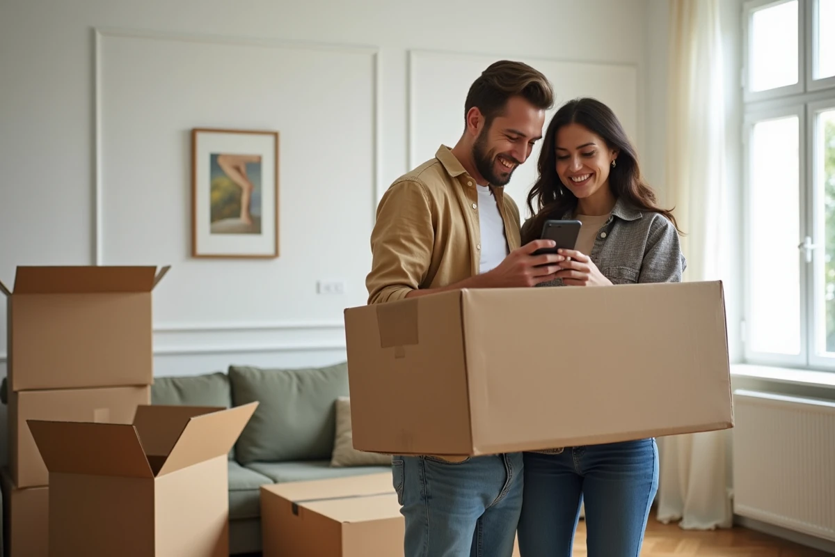 Couple cherchant des solutions sur smartphone pour se débarrasser de cartons Ikea après un déménagement dans leur nouveau salon