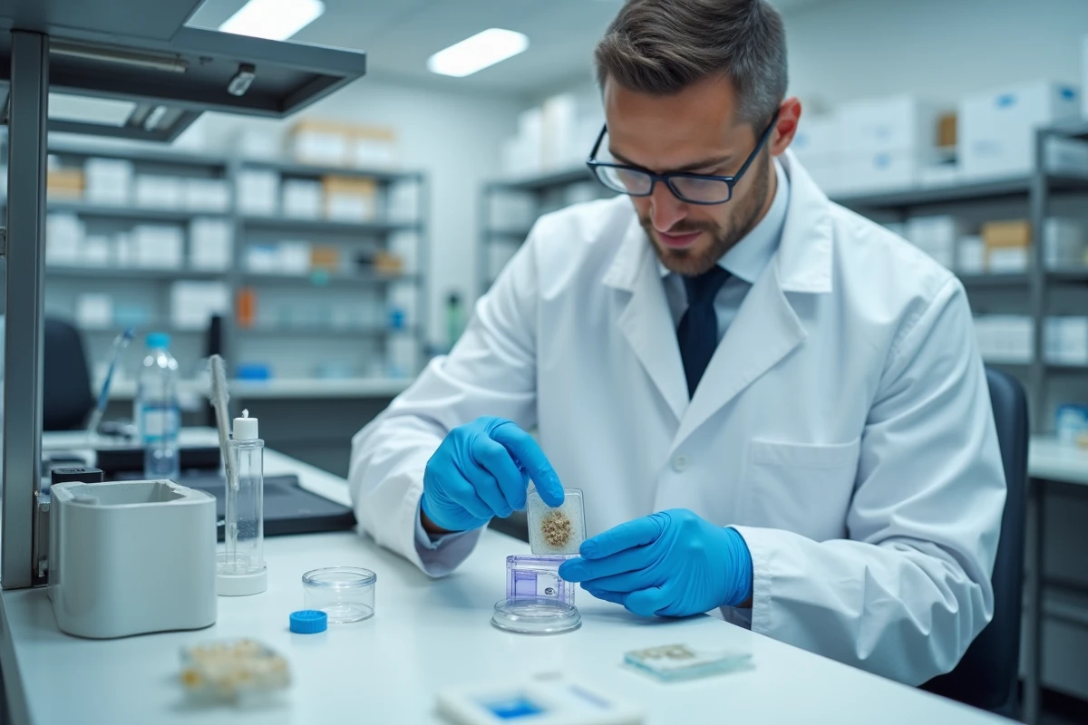 Dermatologue en laboratoire suisse examinant des cellules souches de follicules pileux pour la greffe capillaire