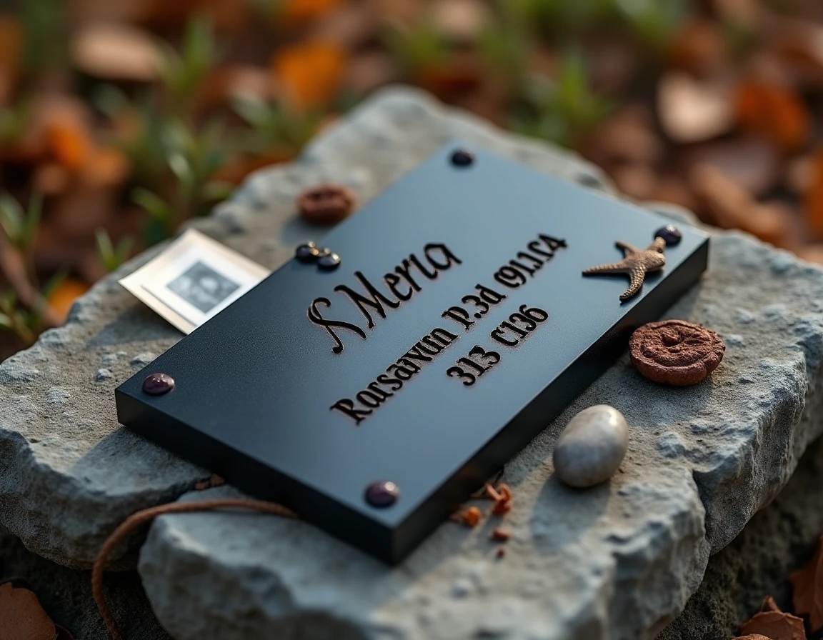 Plaque funéraire en granit noir gravée avec un nom et un motif, entourée d'objets souvenirs personnels sur une surface en pierre