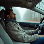 Homme dormant dans sa voiture garée dans une aire de repos en Belgique, couvert d'une couverture, illustrant le bivouac en véhicule