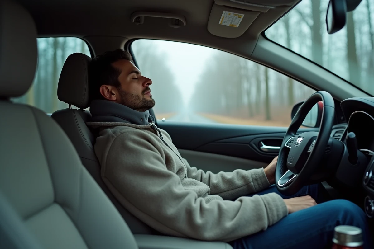 Homme dormant dans sa voiture garée dans une aire de repos en Belgique, couvert d'une couverture, illustrant le bivouac en véhicule