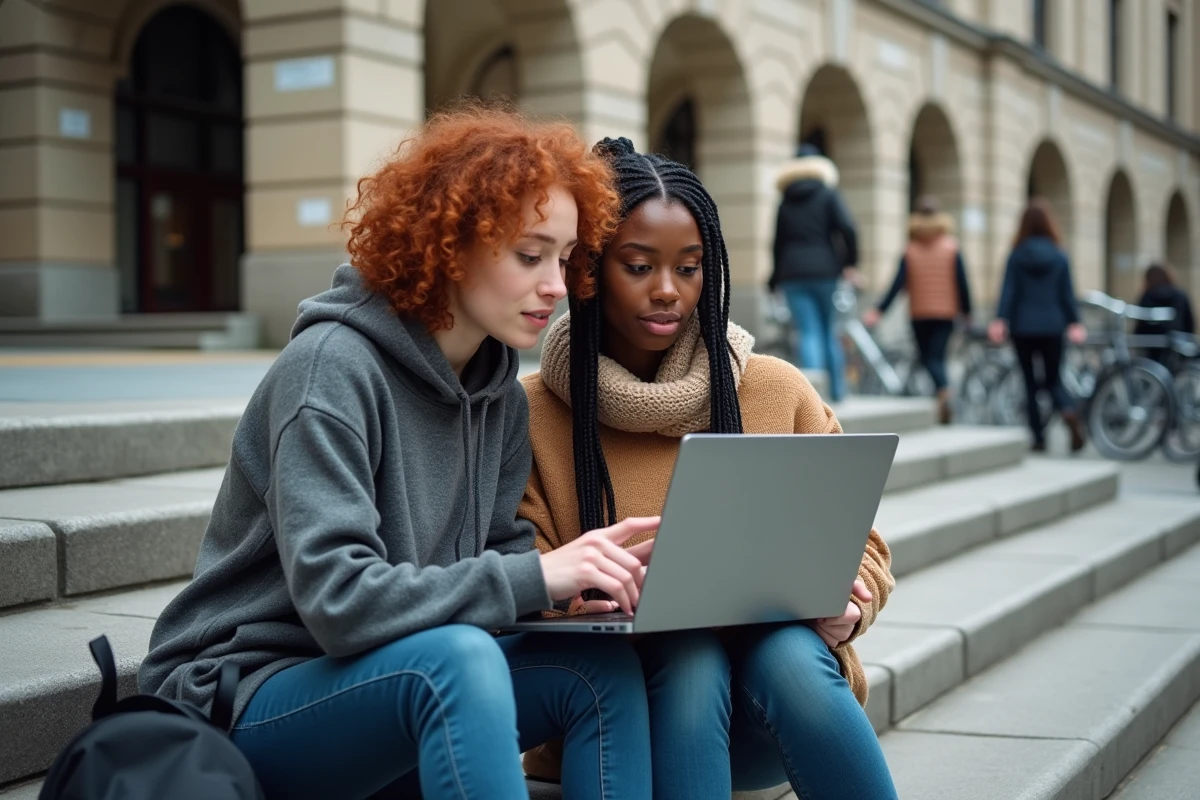 Deux jeunes femmes engagées consultant ensemble un ordinateur portable sur les marches d'un campus universitaire pour soutenir la communauté LGBTQIA+
