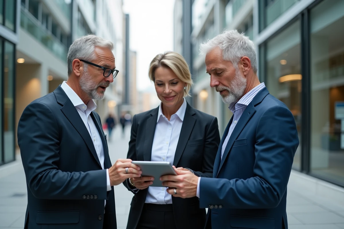 Equipe diverse en discussion urbaine pour {titre}