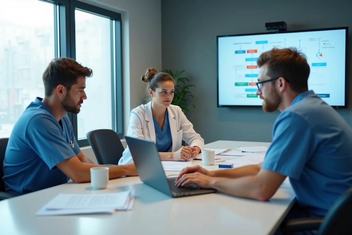 Équipe de professionnels de santé en réunion autour d'outils de communication numériques en milieu hospitalier