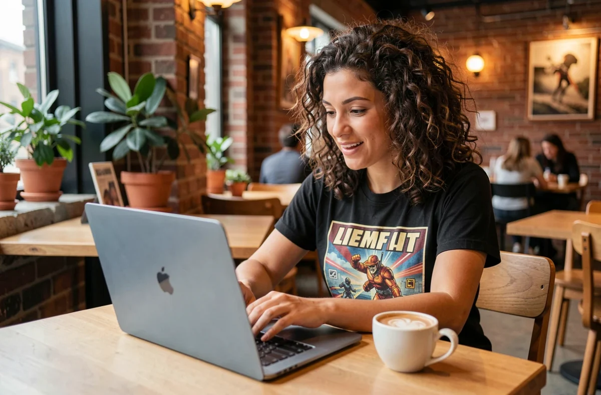 Femme trentenaire aux cheveux bouclés consultant les actualités du jeu vidéo sur un ordinateur portable dans un café moderne avec décoration en briques apparentes