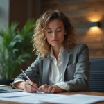 Femme d'affaires confiante au bureau pour {titre}