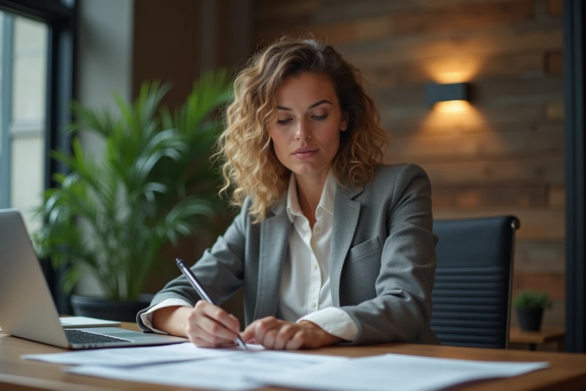 Femme d'affaires confiante au bureau pour {titre}