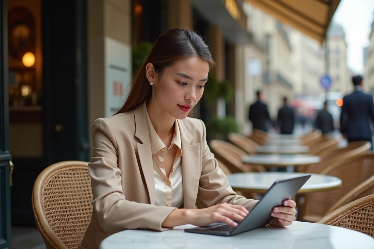 Jeune femme lisant des nouvelles économiques sur une tablette en terrasse