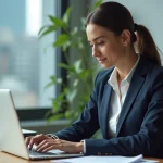 Jeune femme en bureau moderne utilisant un ordinateur