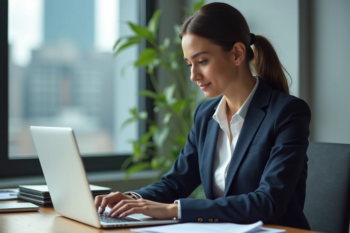 Jeune femme en bureau moderne utilisant un ordinateur