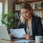 Femme au bureau avec billet d'avion et ordinateur