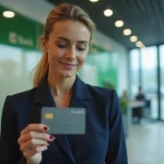 Femme professionnelle tenant une carte bancaire MCD AS Dual du Crédit Agricole dans une agence moderne