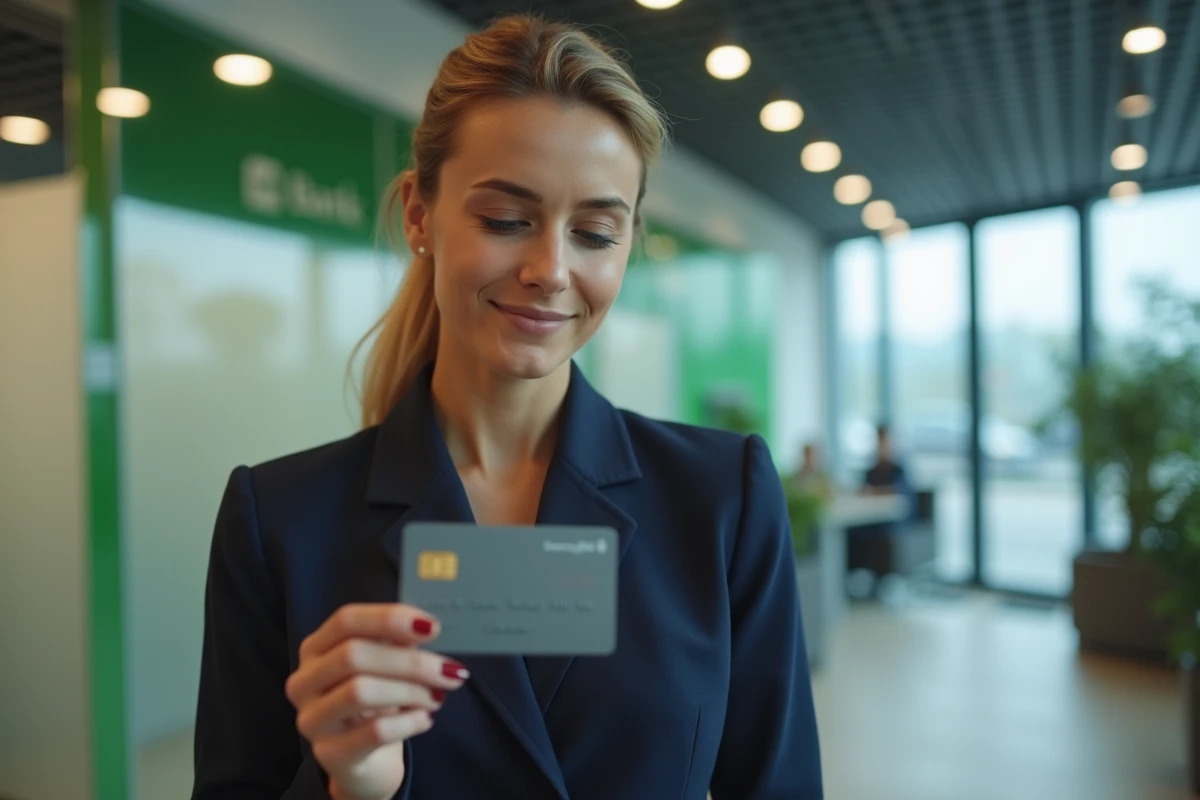 Femme professionnelle tenant une carte bancaire MCD AS Dual du Crédit Agricole dans une agence moderne