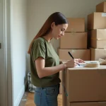Femme entourée de cartons de déménagement Ikea dans un couloir d'appartement, prête à les trier et s'en débarrasser