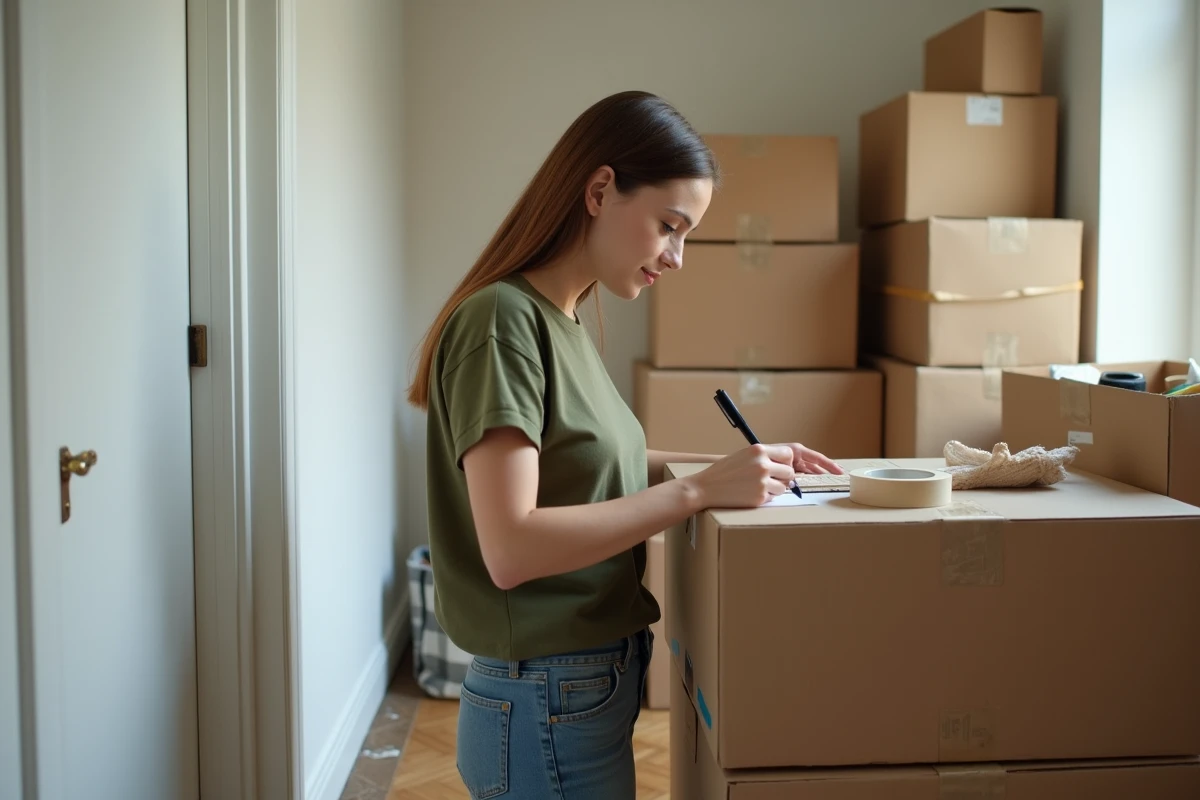 Femme entourée de cartons de déménagement Ikea dans un couloir d'appartement, prête à les trier et s'en débarrasser