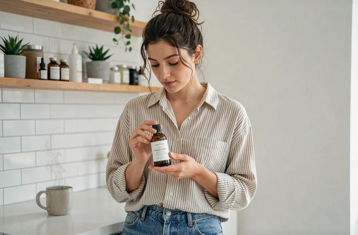 Jeune femme lisant l'étiquette d'une huile de soin naturelle dans une cuisine minimaliste, choix de produits beauté adaptés