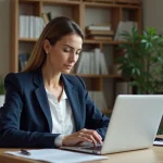 Femme consultant un relevé bancaire sur ordinateur portable pour comprendre un prélèvement AGIPI ADIS
