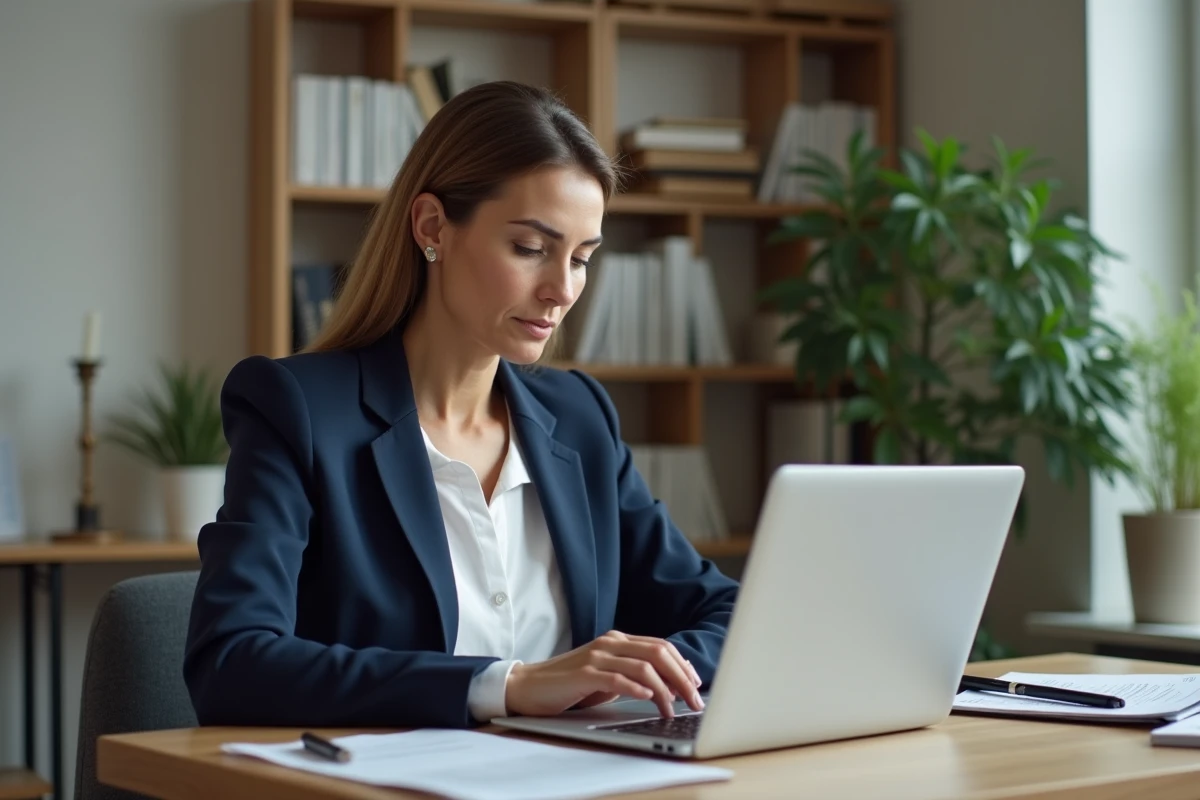 Femme consultant un relevé bancaire sur ordinateur portable pour comprendre un prélèvement AGIPI ADIS