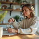 Femme versant de l'eau minérale dans un verre dans une cuisine lumineuse
