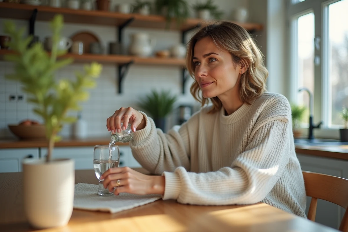 Femme versant de l'eau minérale dans un verre dans une cuisine lumineuse