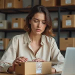 Femme examinant un colis perdu avec une étiquette d'expédition froissée sur un bureau en bois à domicile