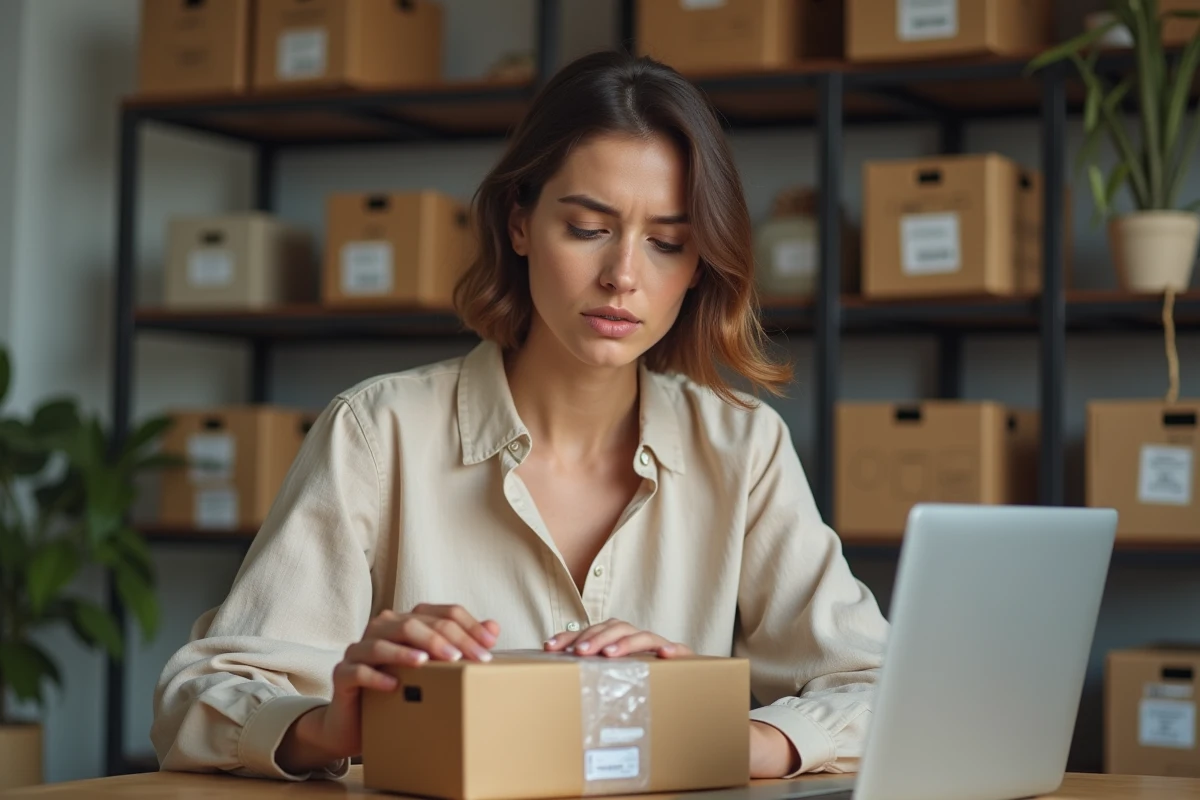 Femme examinant un colis perdu avec une étiquette d'expédition froissée sur un bureau en bois à domicile