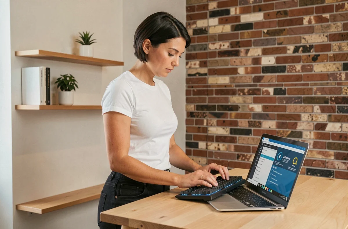 Femme travaillant sur un logiciel de protection système dans un espace de travail à domicile minimaliste