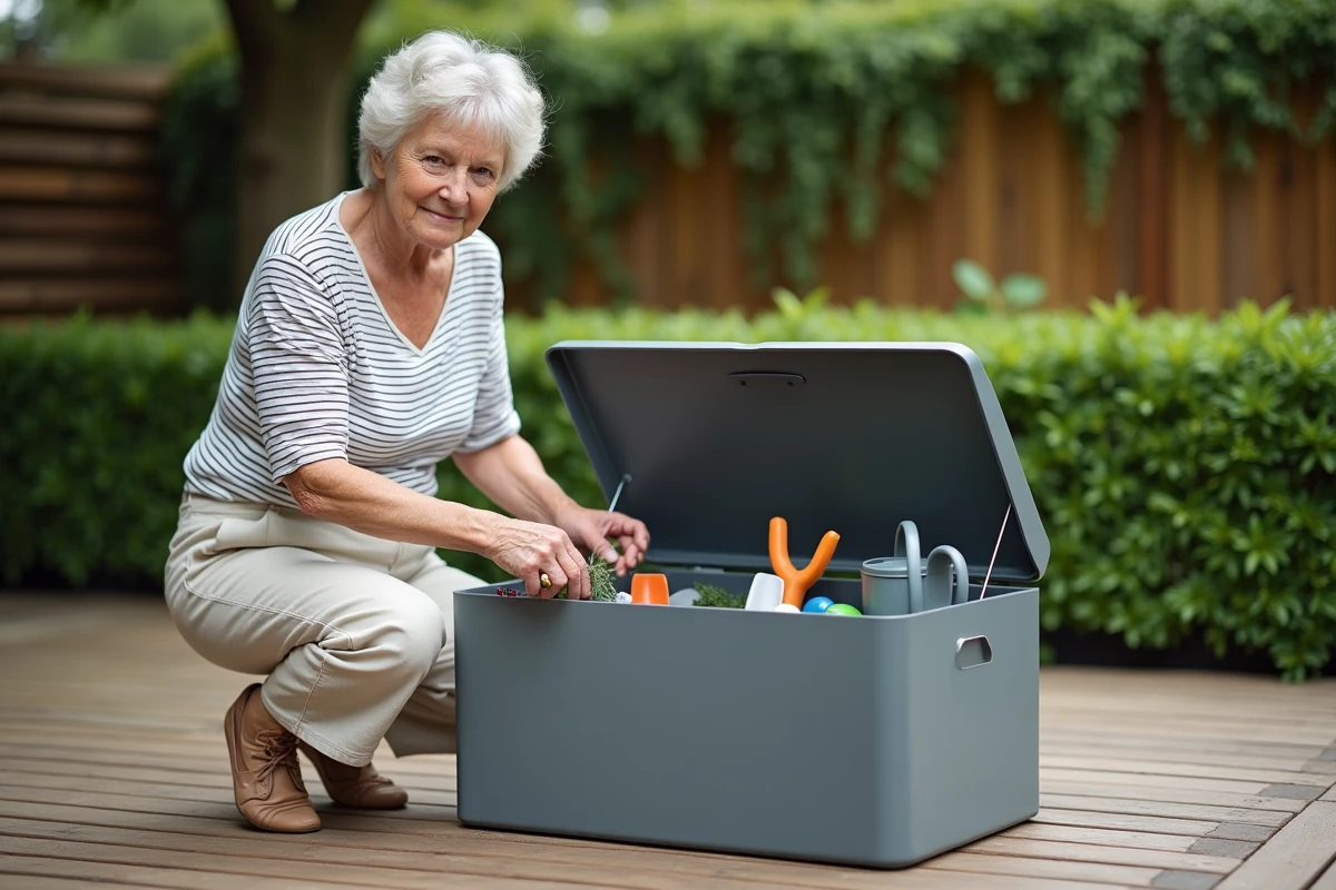 Femme rangeant des outils de jardinage dans un coffre de jardin en résine sur une terrasse en bois